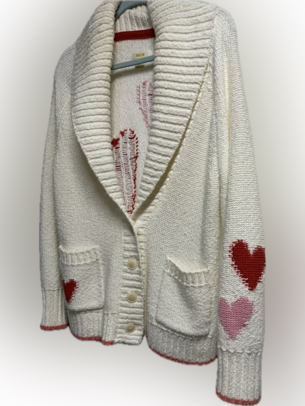 Anthropologie Cream Cardigan with Red & Pink Heart Motifs